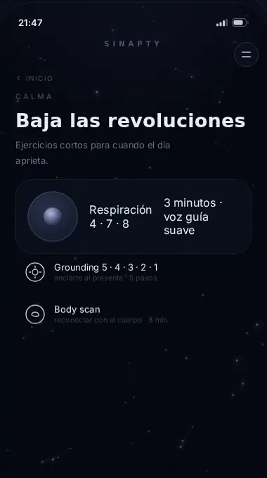 Pantalla Calma de Sinapty, con ejercicios de respiración y grounding